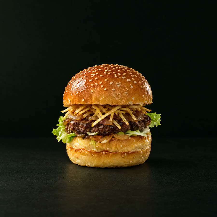 Spica burgeri: susamlı ekmek, kibrit patates, karamelize soğan, cheddar, dana köfte, domates, marul, Spica sos